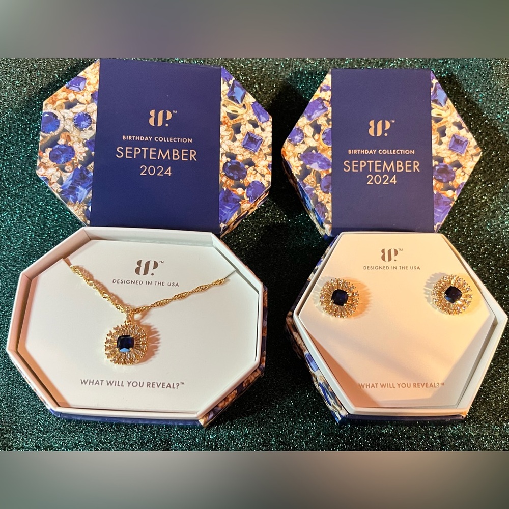 Bomb Party Sept 2024 Birthday Set Sapphire Necklace & Earrings NWT